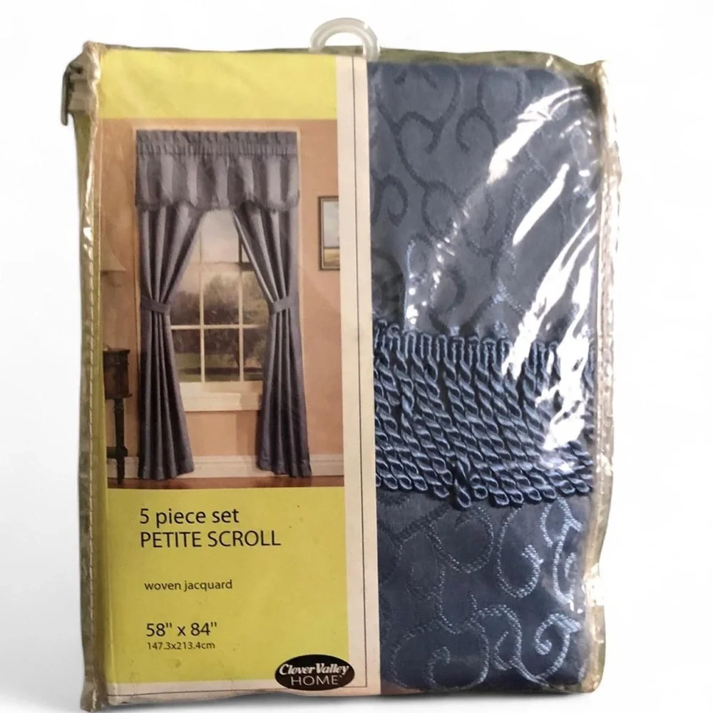 NEW Clover Valley Home Curtains Drapes 5Pc Petite Scroll Woven Jacquard Tie Back